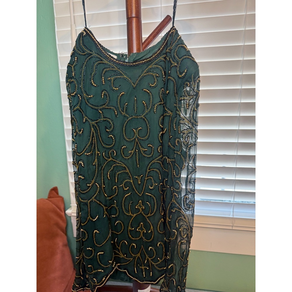 Vintage Stenay Dress Womens XL Green Silk Beaded Gold Black Formal Evening 80s - Picture 4 of 8